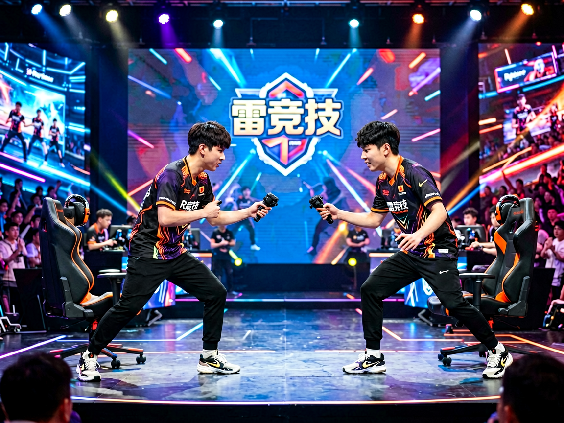 电竞赛事现场，选手在舞台上进行激烈竞技对决